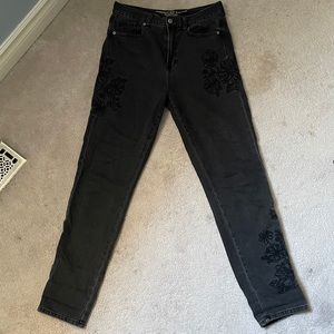 High Rise Black floral embroidered AE Mom jeans